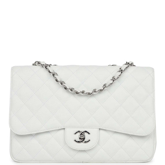 Chanel Jumbo Classic Single Flap Bag White Caviar Silver Hardware