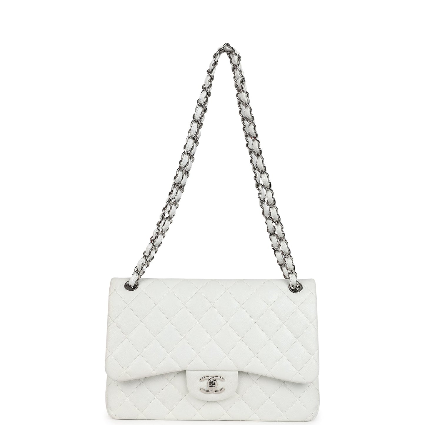Chanel Jumbo Classic Single Flap Bag White Caviar Silver Hardware