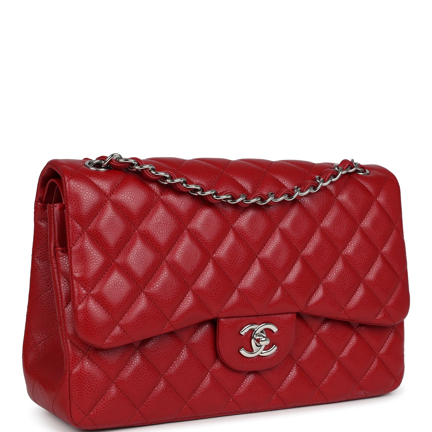 Chanel Jumbo Classic Double Flap Red Caviar Silver Hardware Shoulder Bag