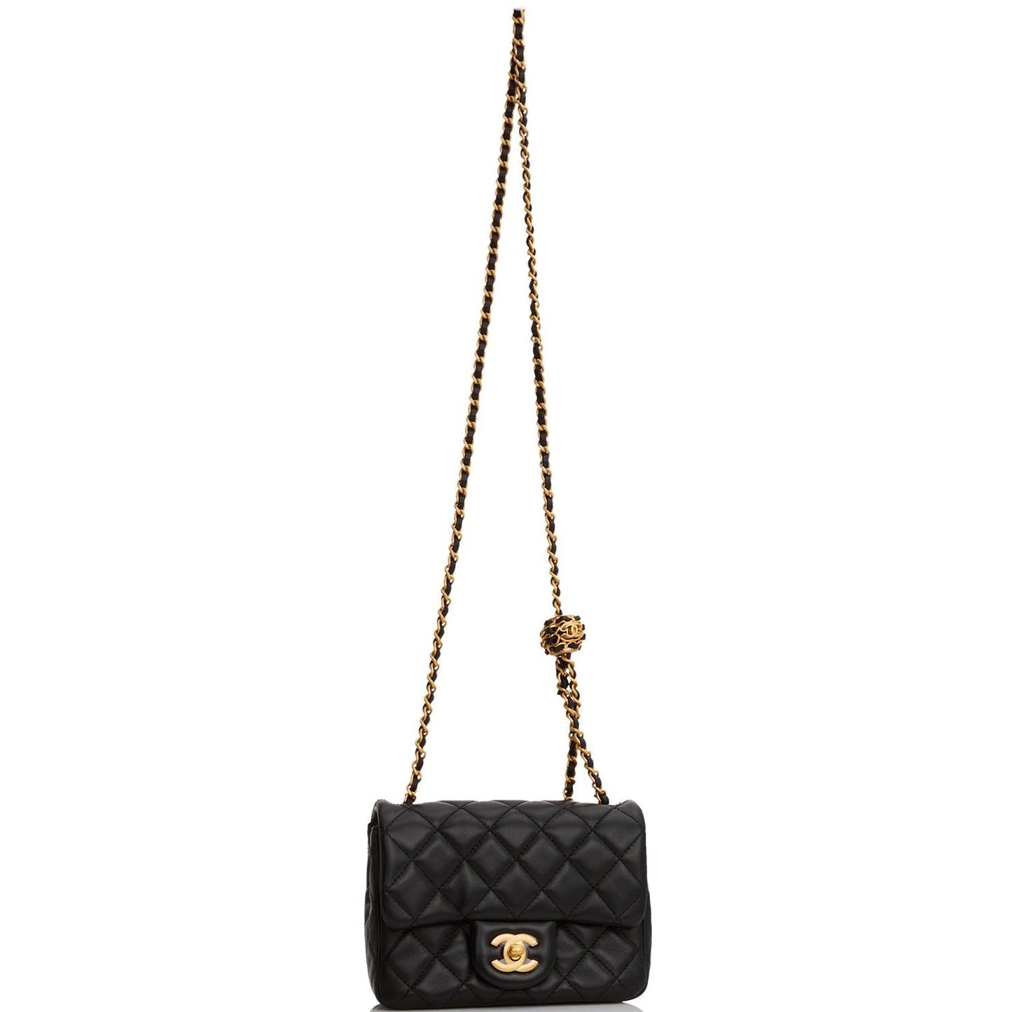 Chanel Pearl Crush Mini Square Flap Bag Black Lambskin Antique Gold Hardware