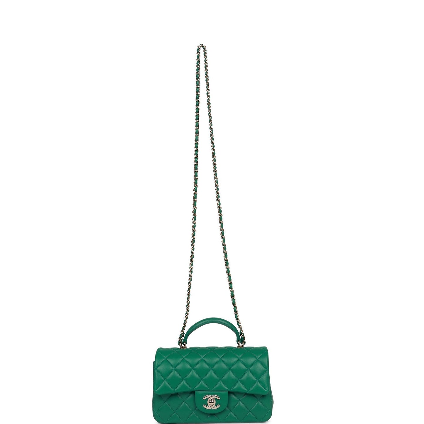 Chanel Mini Rectangular Flap with Top Handle Green Lambskin Light Gold Hardware