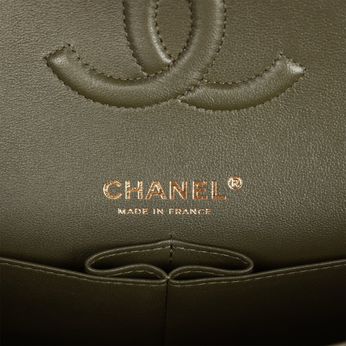 Chanel Medium Classic Double Flap Bag Olive Calfskin Light Gold Hardware