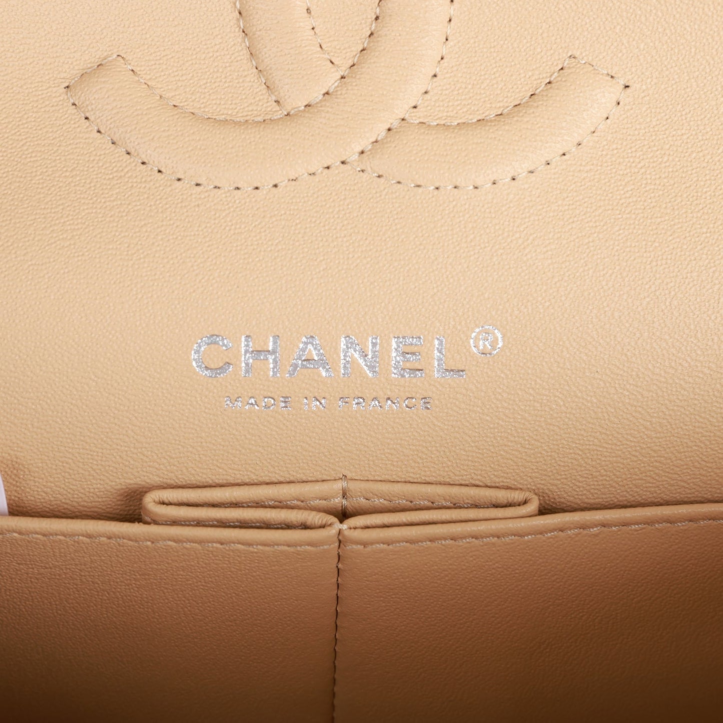Chanel Medium Classic Double Flap Bag Beige Caviar Silver Hardware
