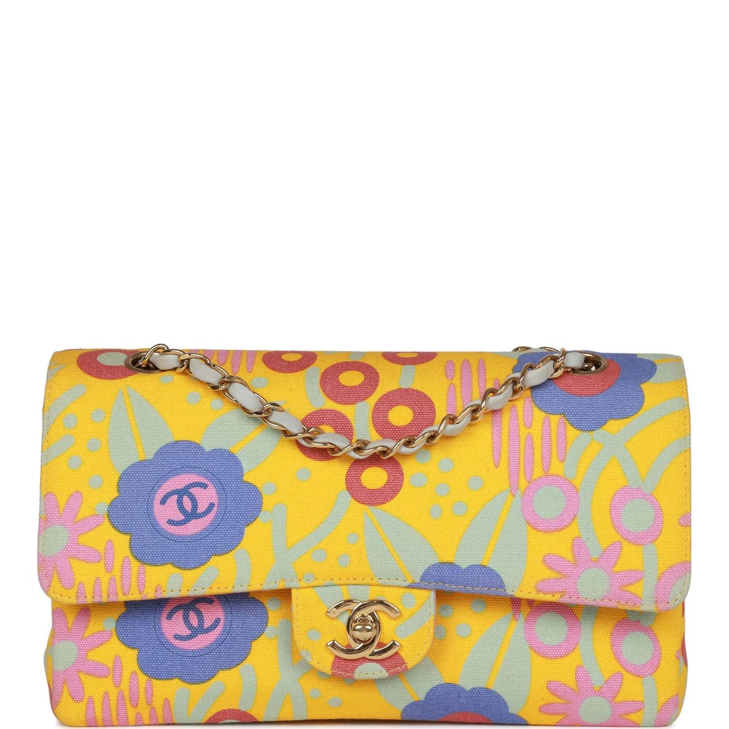 Chanel  Medium Classic Double Flap Bag Yellow and Multicolor Floral Print Canvas Gold Hardware
