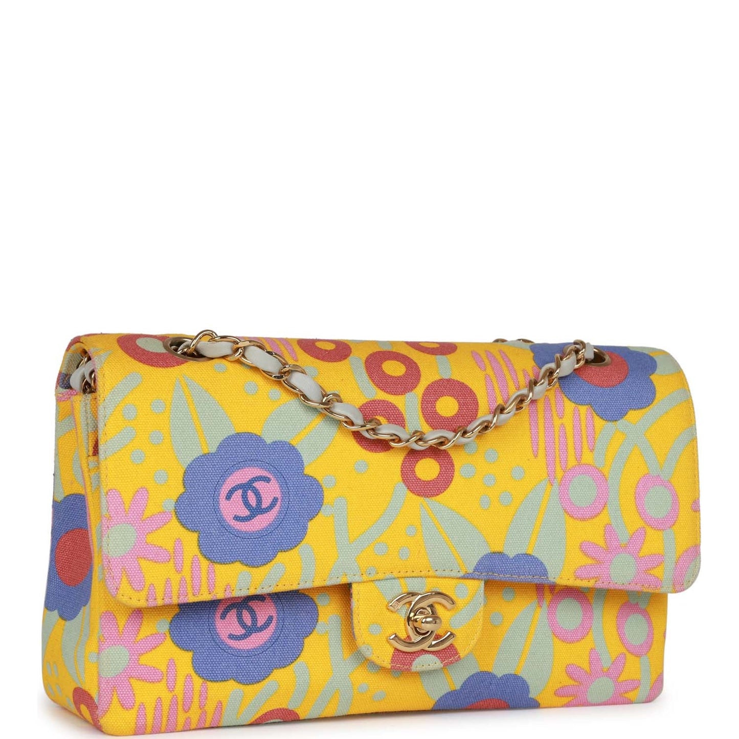 Chanel  Medium Classic Double Flap Bag Yellow and Multicolor Floral Print Canvas Gold Hardware