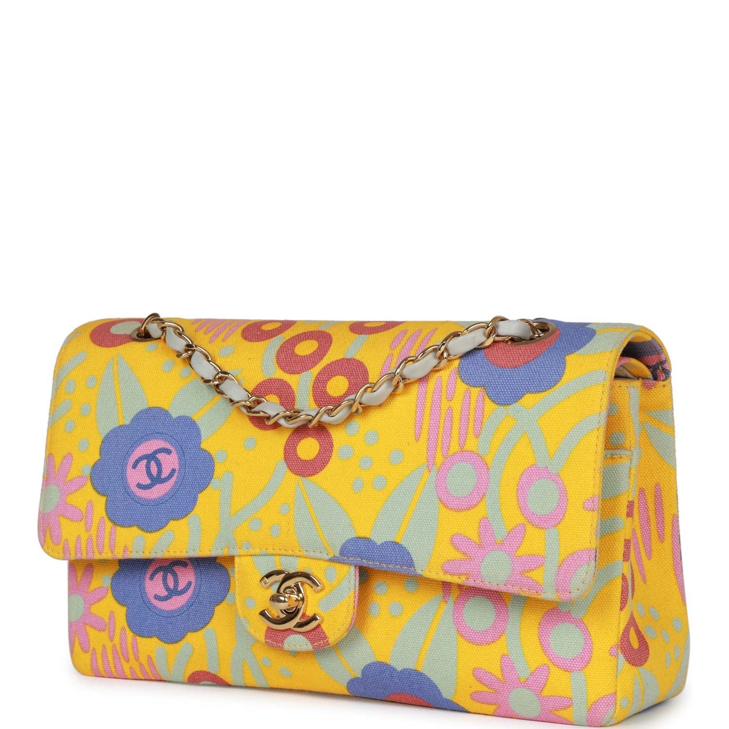 Chanel  Medium Classic Double Flap Bag Yellow and Multicolor Floral Print Canvas Gold Hardware