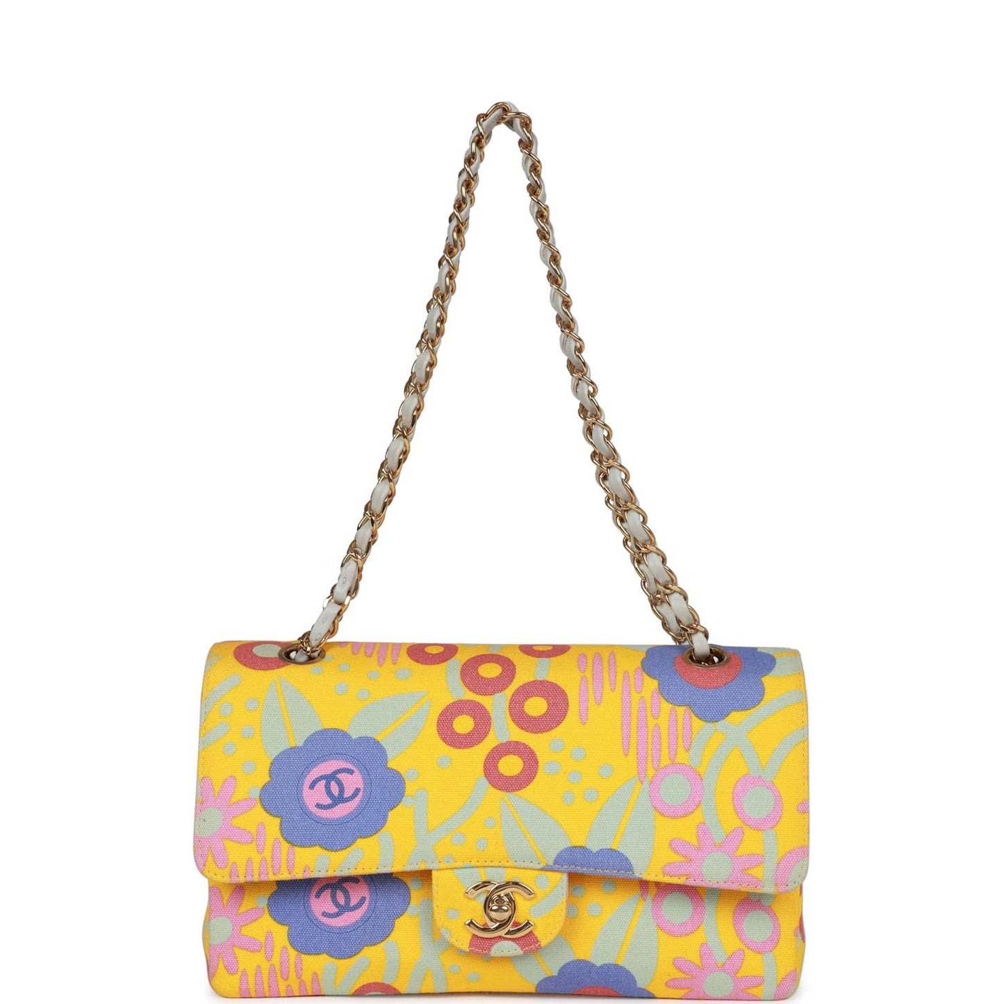 Chanel  Medium Classic Double Flap Bag Yellow and Multicolor Floral Print Canvas Gold Hardware