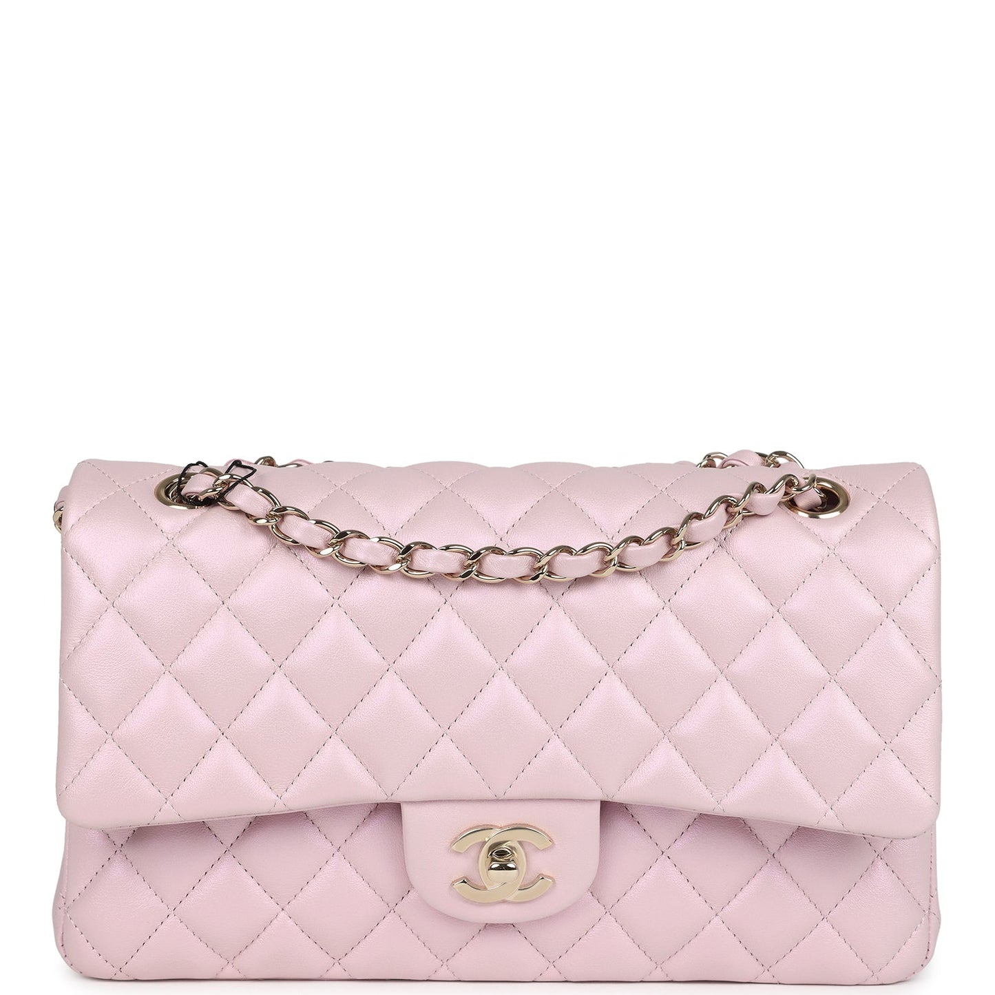 Chanel Medium Classic Double Flap Bag Pink Iridescent Lambskin Light Gold Hardware
