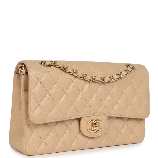 Chanel Medium Classic Double Flap Beige Caviar Gold Hardware