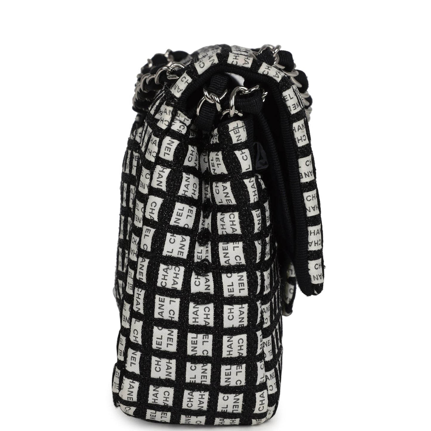 Chanel Medium Logo Ribbon Classic Double Flap Bag White and Black Canvas and Tweed Silver Hardware