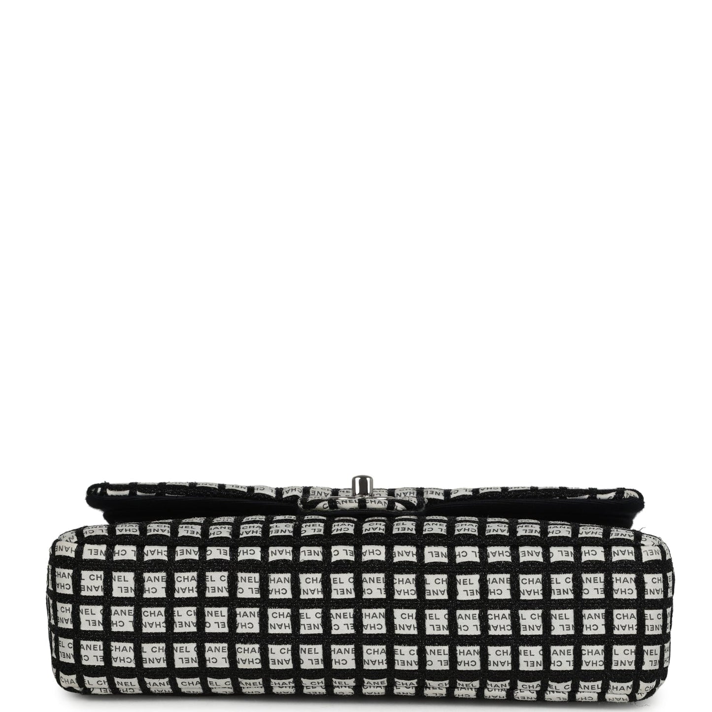 Chanel Medium Logo Ribbon Classic Double Flap Bag White and Black Canvas and Tweed Silver Hardware