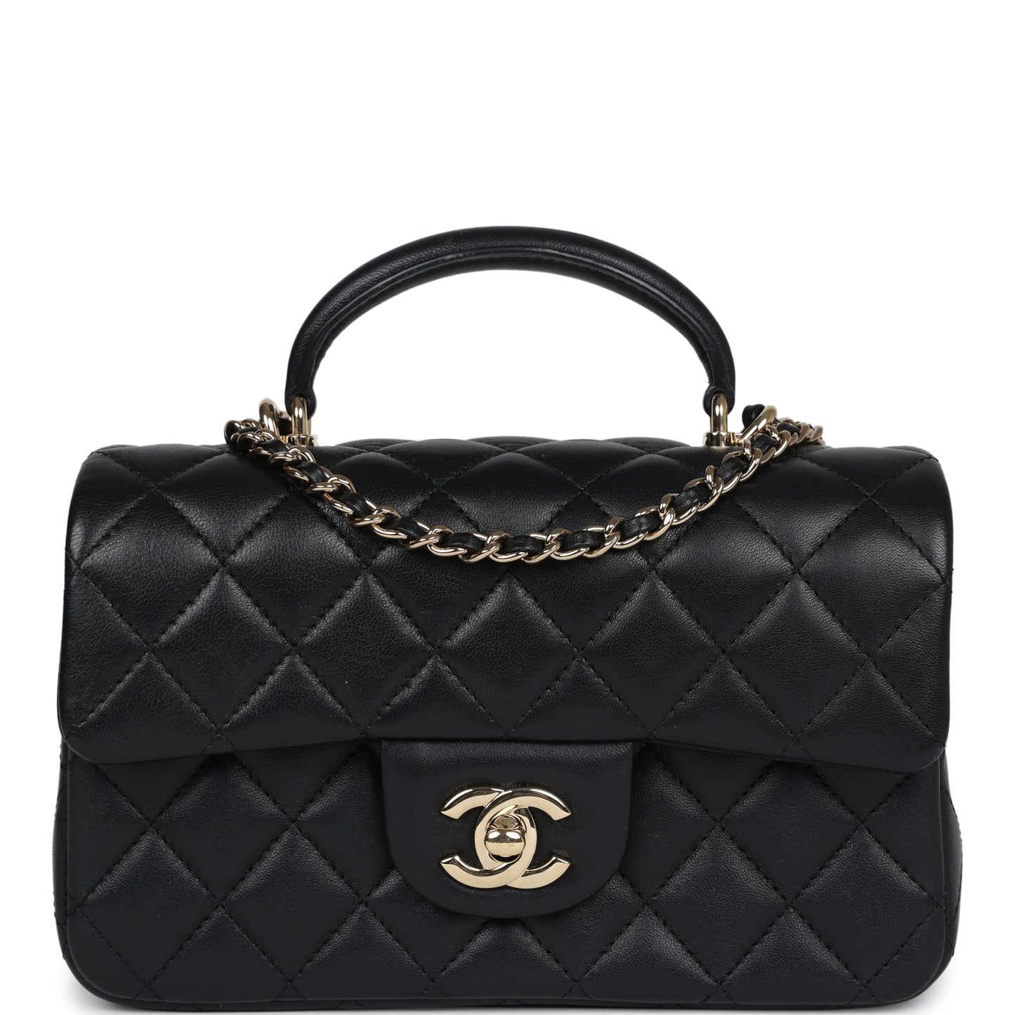 Chanel Mini Rectangular Flap with Top Handle Black Lambskin Light Gold Hardware Crossbody