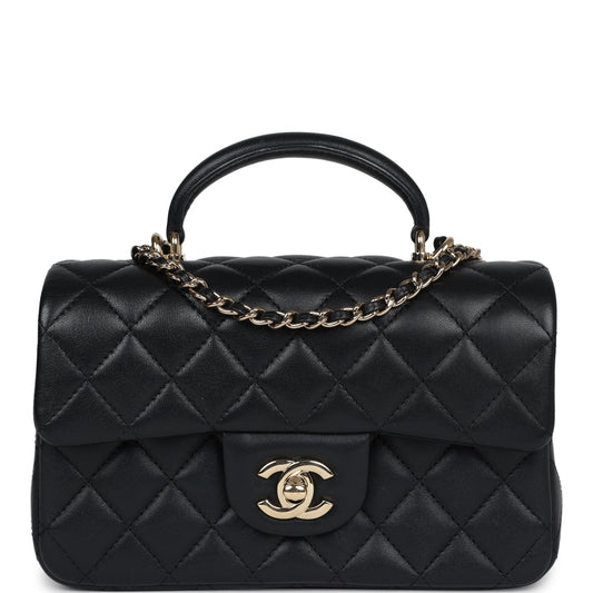 Chanel Mini Rectangular Flap with Top Handle Black Lambskin Light Gold Hardware Crossbody