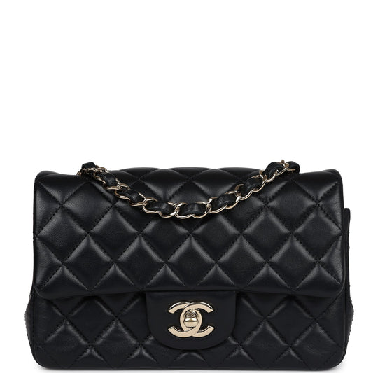 Chanel Mini Rectangular Flap Black Lambskin Light Gold Hardware Crossbody
