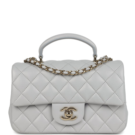 Chanel Mini Rectangular Flap Bag with Top Handle Light Grey Lambskin Light Gold Hardware