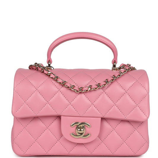 Chanel Mini Rectangular Flap with Top Handle Pink Lambskin Light Gold Hardware Crossbody