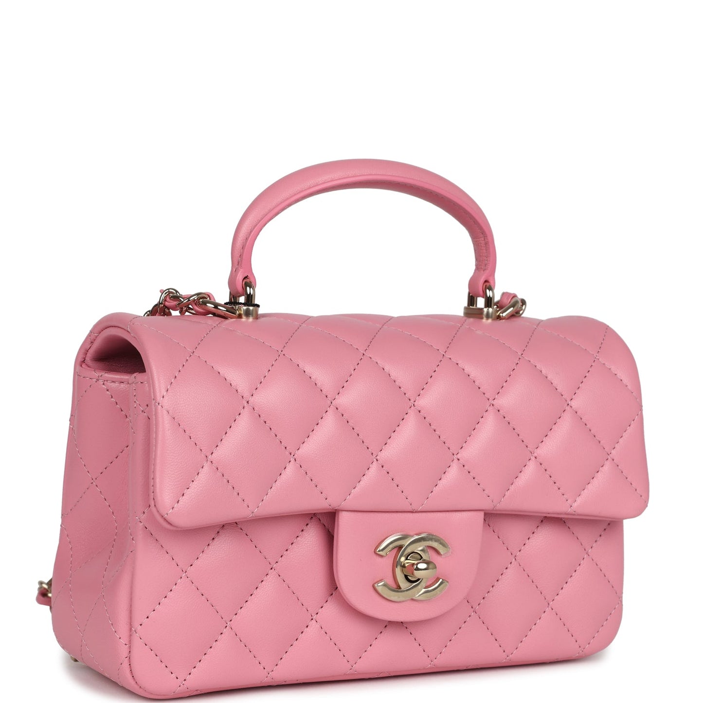 Chanel Mini Rectangular Flap with Top Handle Pink Lambskin Light Gold Hardware Crossbody
