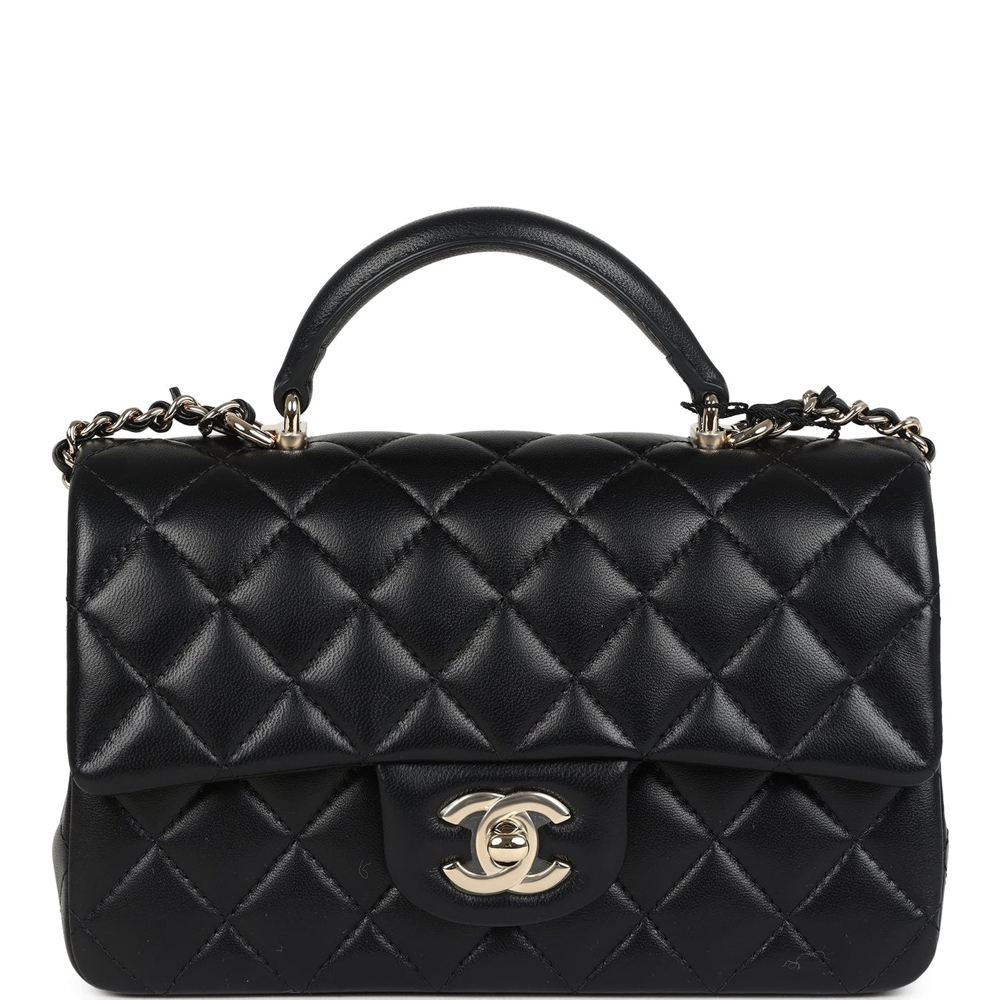 Chanel Mini Rectangular Top Handle Flap Bag Black Lambskin Light Gold Hardware