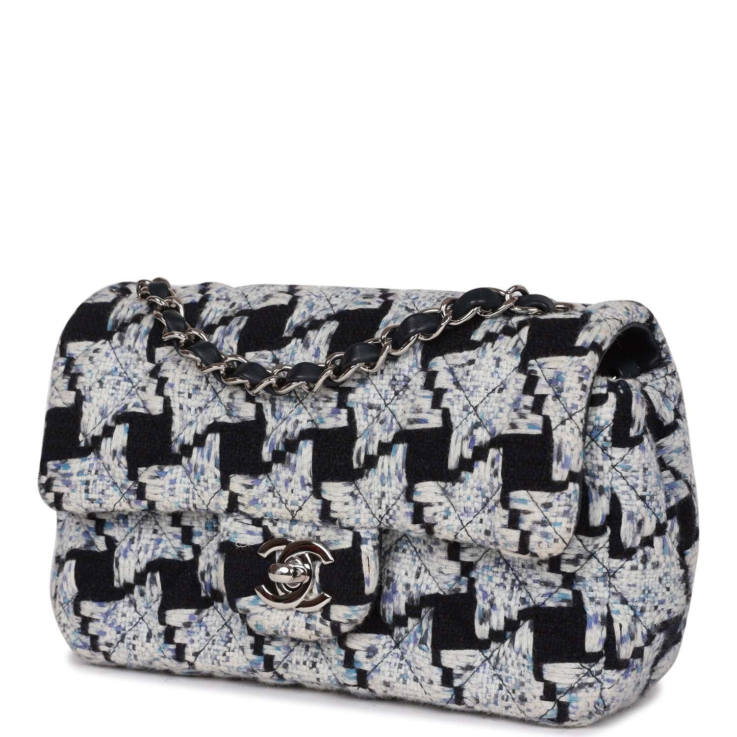 Chanel Mini Rectangular Flap Bag Blue Tweed Silver Hardware