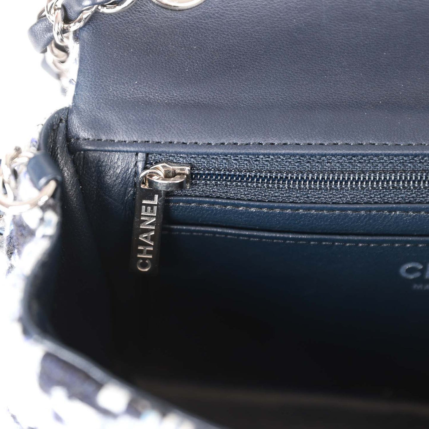 Chanel Mini Rectangular Flap Bag Blue Tweed Silver Hardware
