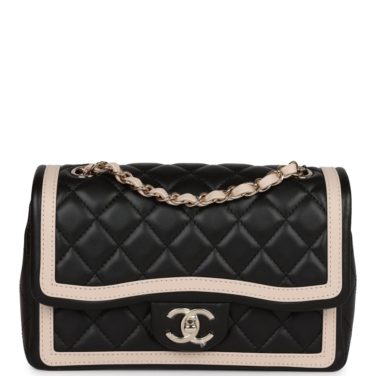 Chanel Small Classic Flap Black and Beige Lambskin Light Gold Hardware