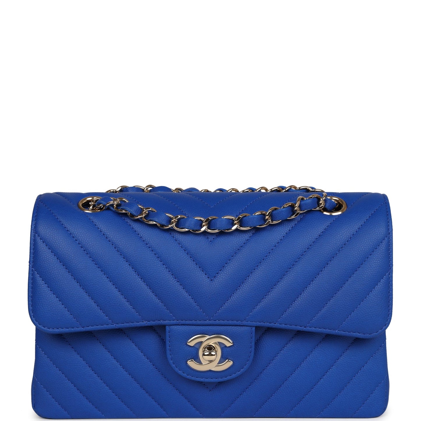 Chanel Small Classic Double Flap Blue Chevron Caviar Gold Hardware