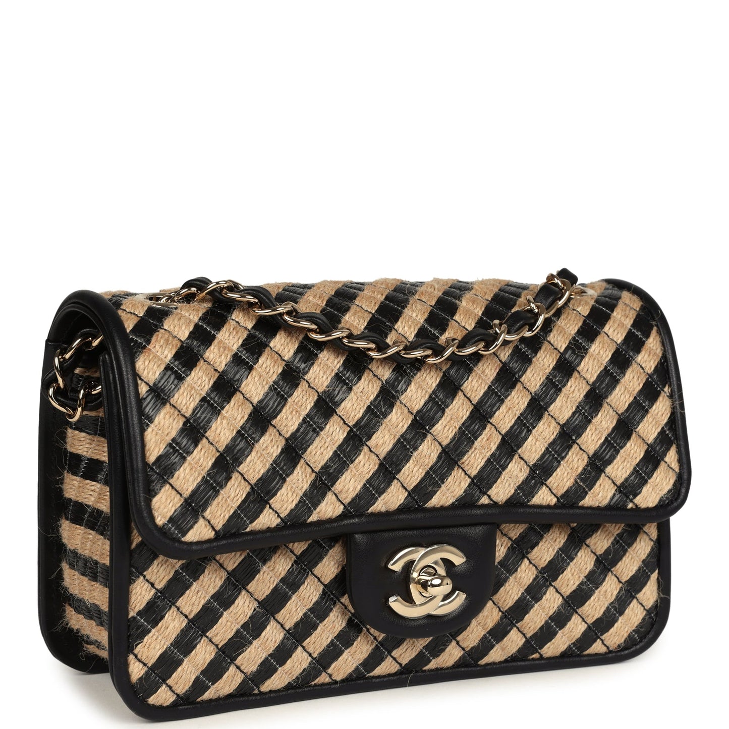 Chanel Small Urban Jungle Flap Beige and Black Stripe Raffia Jute Gold Hardware Shoulder Bag
