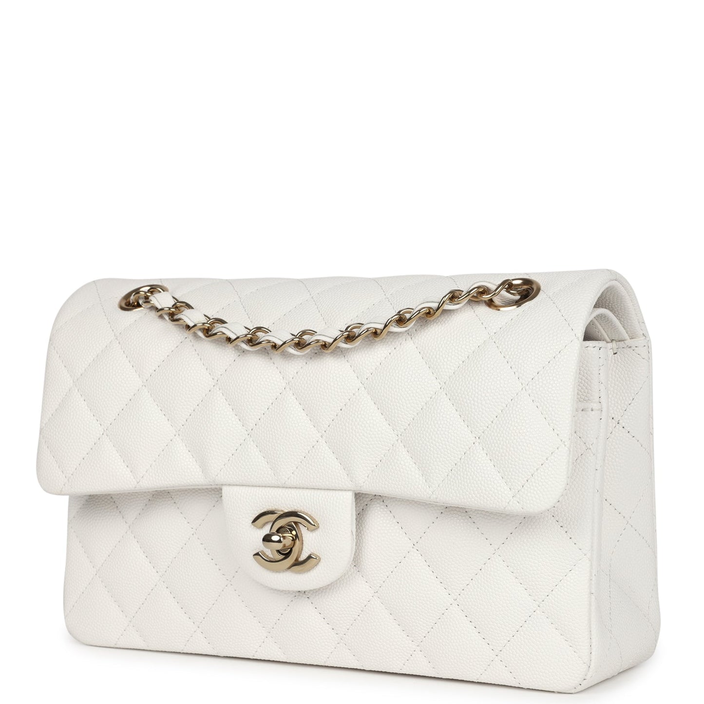 Chanel Small Classic Double Flap White Caviar Light Gold Hardware Shoulder Bag