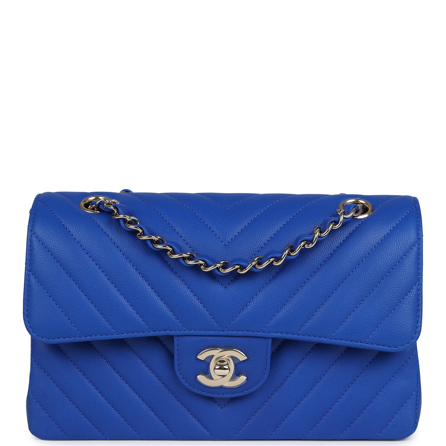 Chanel Small Classic Double Flap Blue Chevron Caviar Light Gold Hardware Shoulder Bag