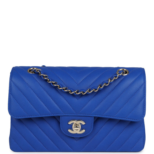 Chanel Small Classic Double Flap Blue Chevron Caviar Light Gold Hardware Shoulder Bag