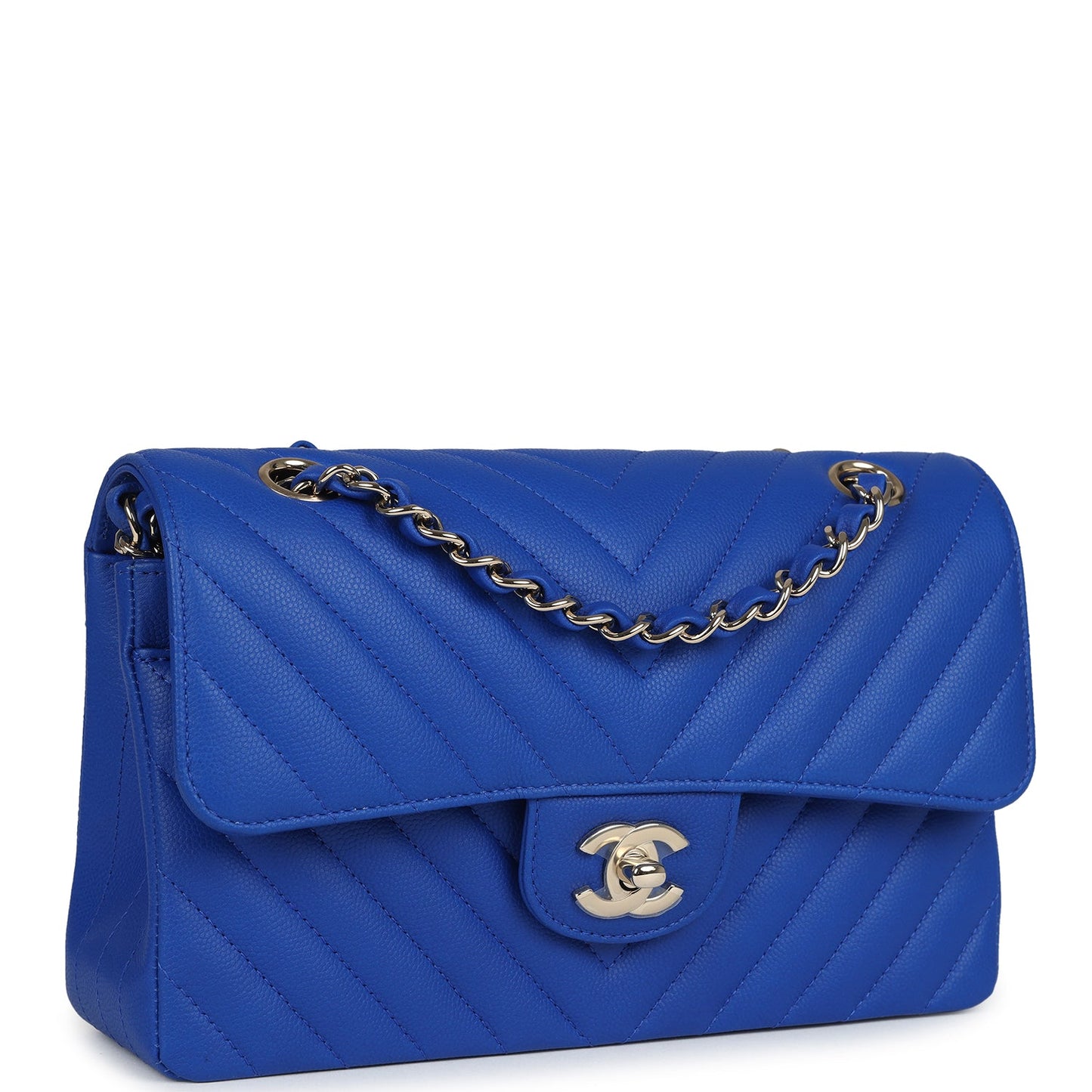 Chanel Small Classic Double Flap Blue Chevron Caviar Light Gold Hardware Shoulder Bag
