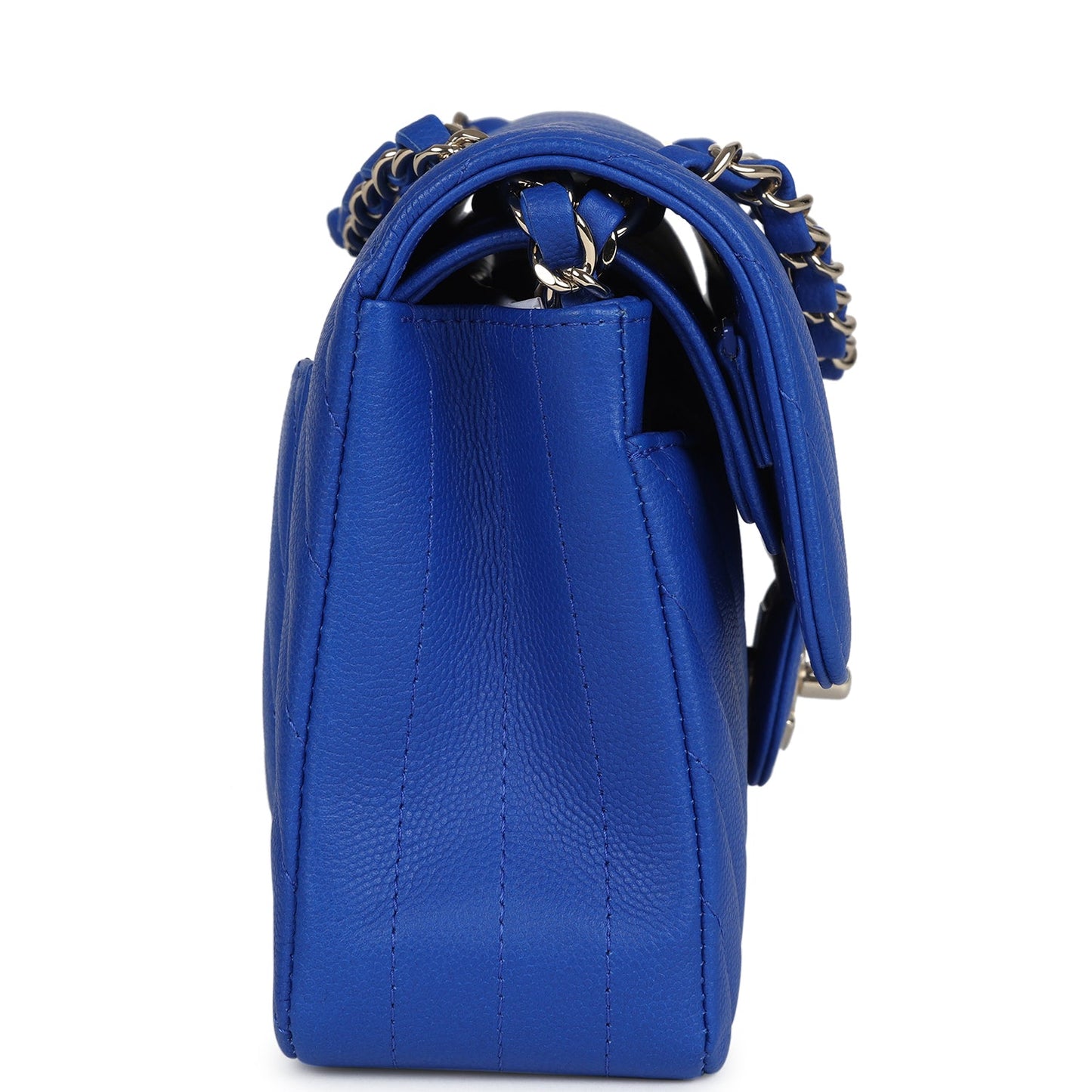 Chanel Small Classic Double Flap Blue Chevron Caviar Light Gold Hardware Shoulder Bag