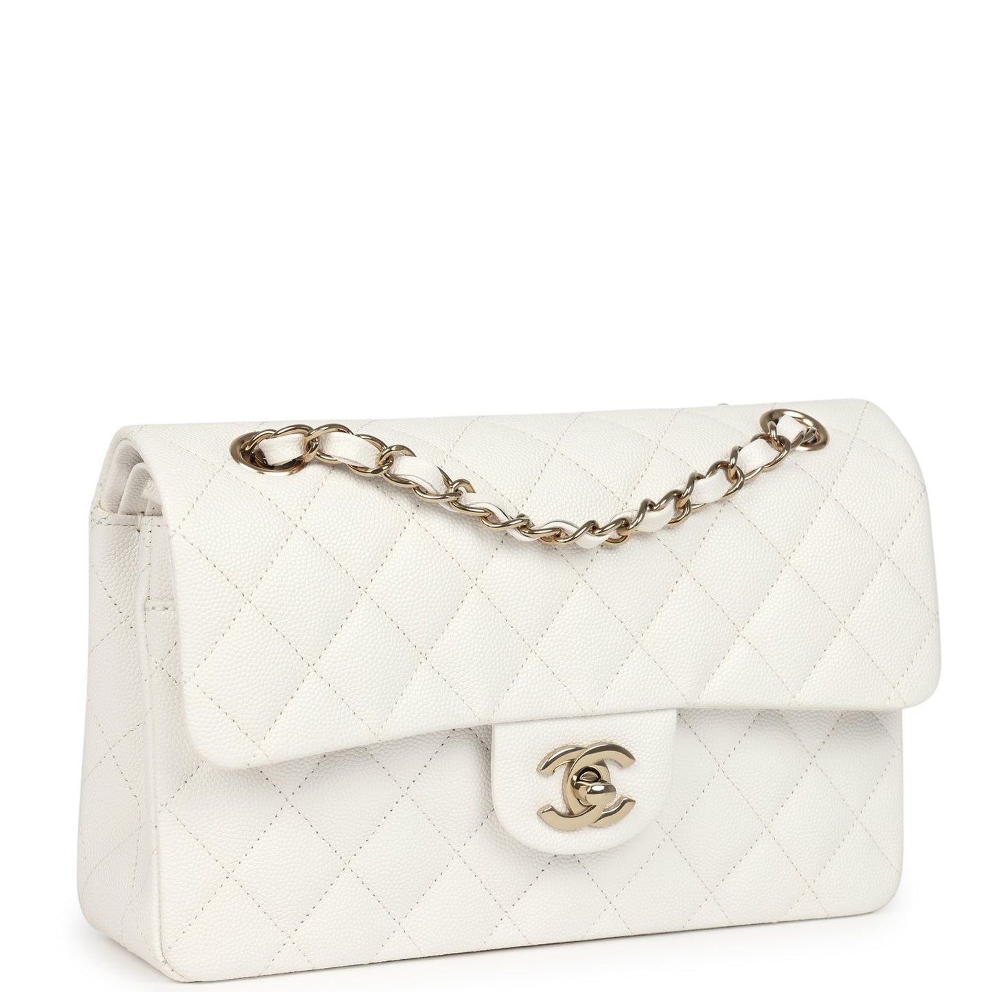 Chanel Small Classic Double Flap White Caviar Light Gold Hardware Shoulder Bag