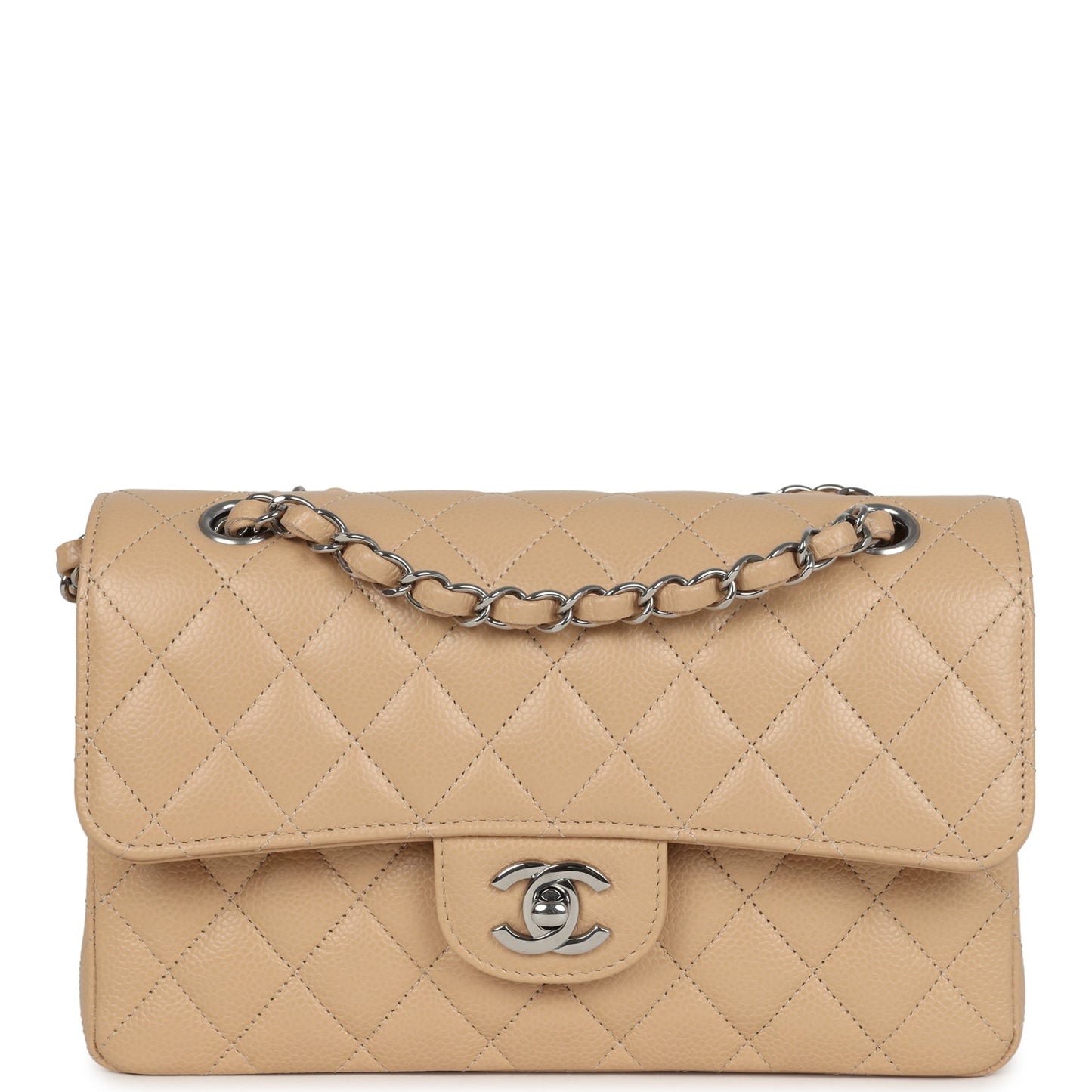 Chanel Small Classic Double Flap Bag Beige Caviar Silver Hardware Classic Flap