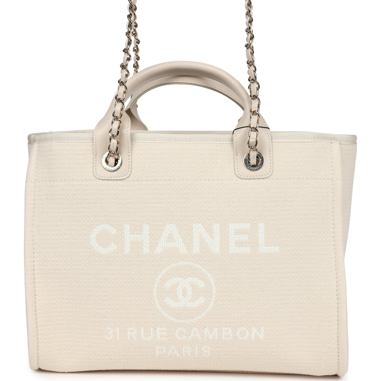 Chanel Small Deauville Shopping Tote Ivory Canvas Light Gold Hardware