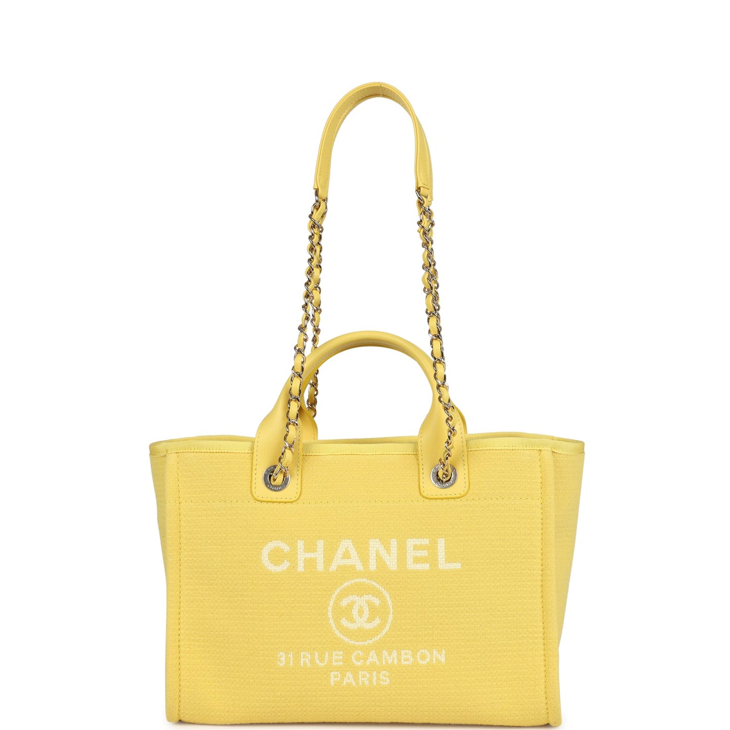 Chanel Small Deauville Shopping Tote Yellow Canvas Light Gold Hardware Book Tote