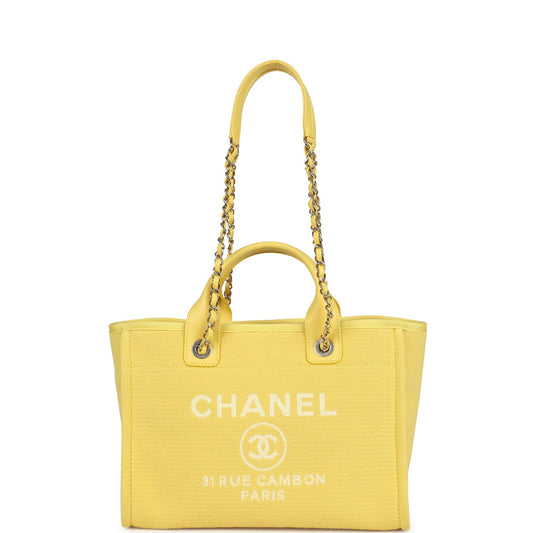 Chanel Small Deauville Shopping Tote Yellow Canvas Light Gold Hardware Book Tote