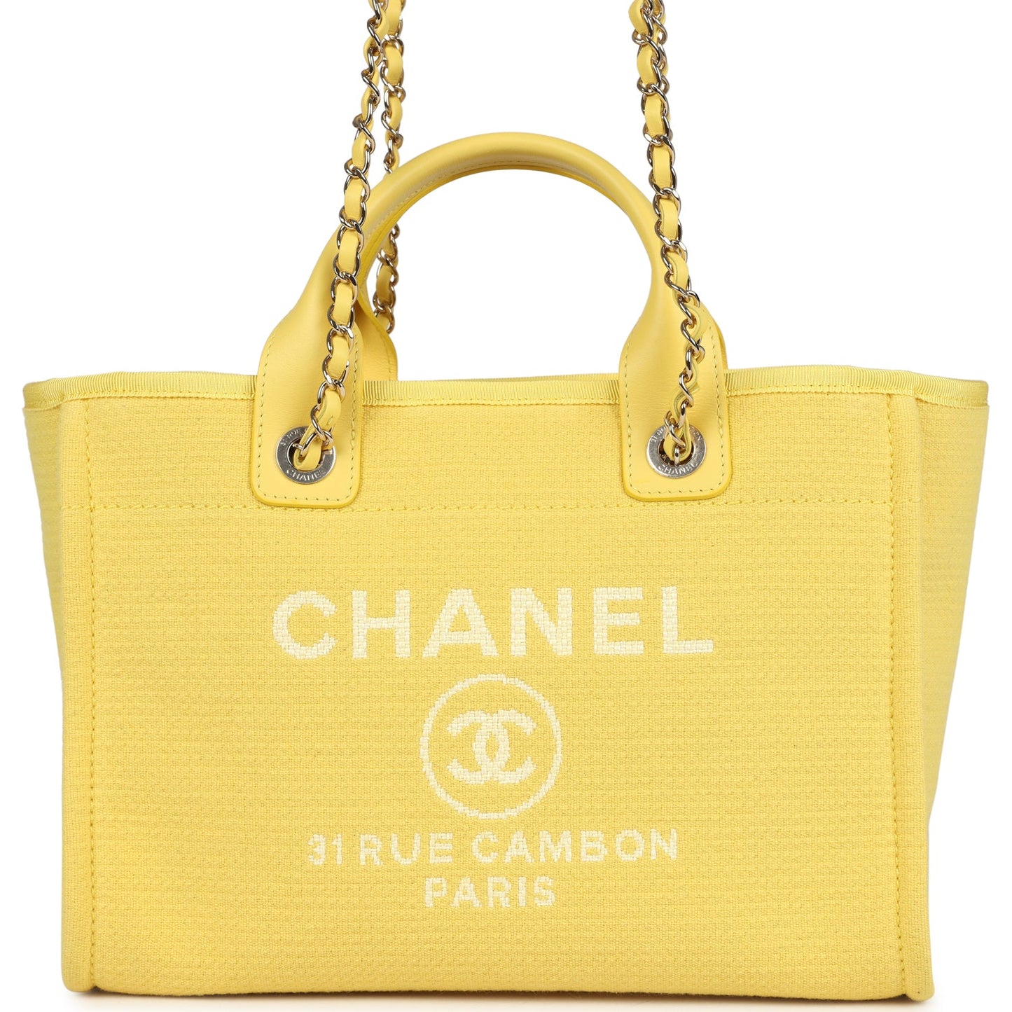 Chanel Small Deauville Shopping Tote Yellow Canvas Light Gold Hardware Book Tote