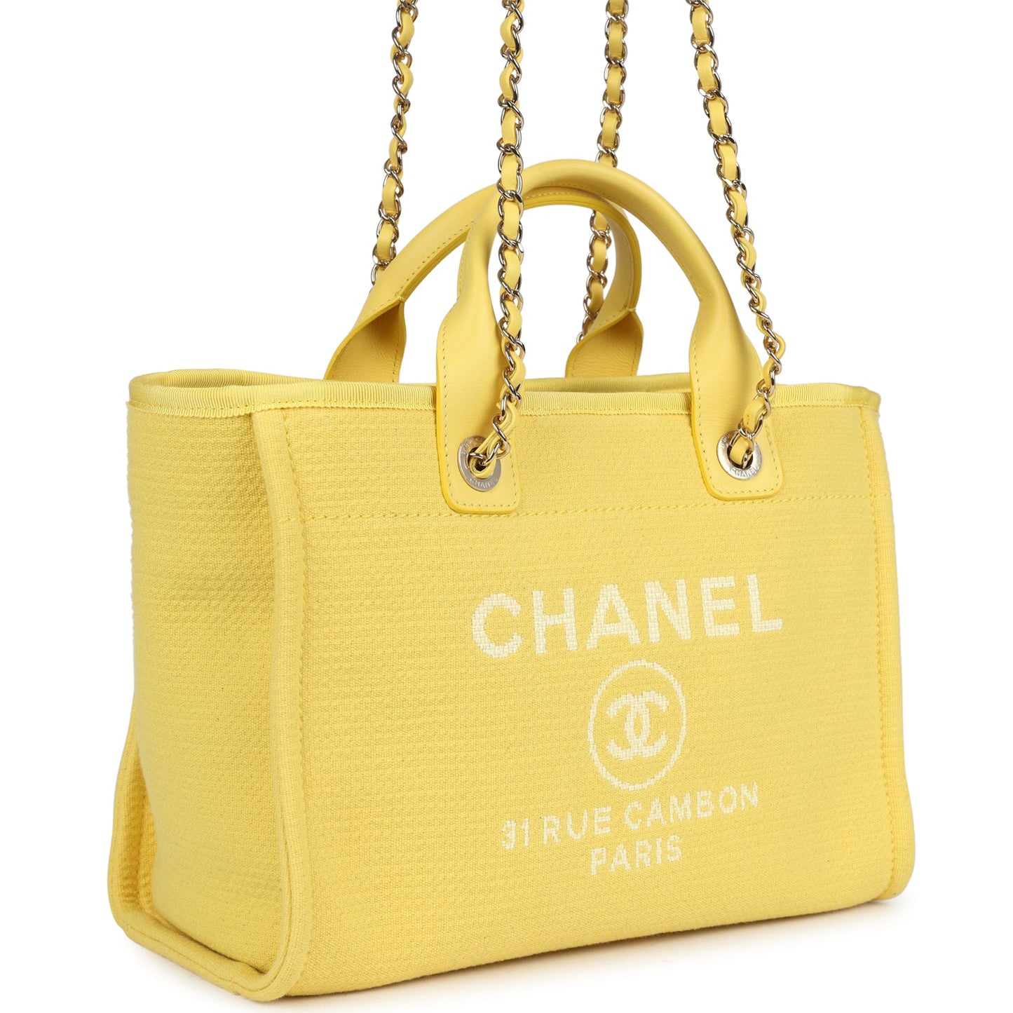 Chanel Small Deauville Shopping Tote Yellow Canvas Light Gold Hardware Book Tote