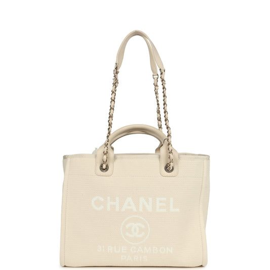 Chanel Small Deauville Shopping Tote Ivory Canvas Light Gold Hardware Book Tote