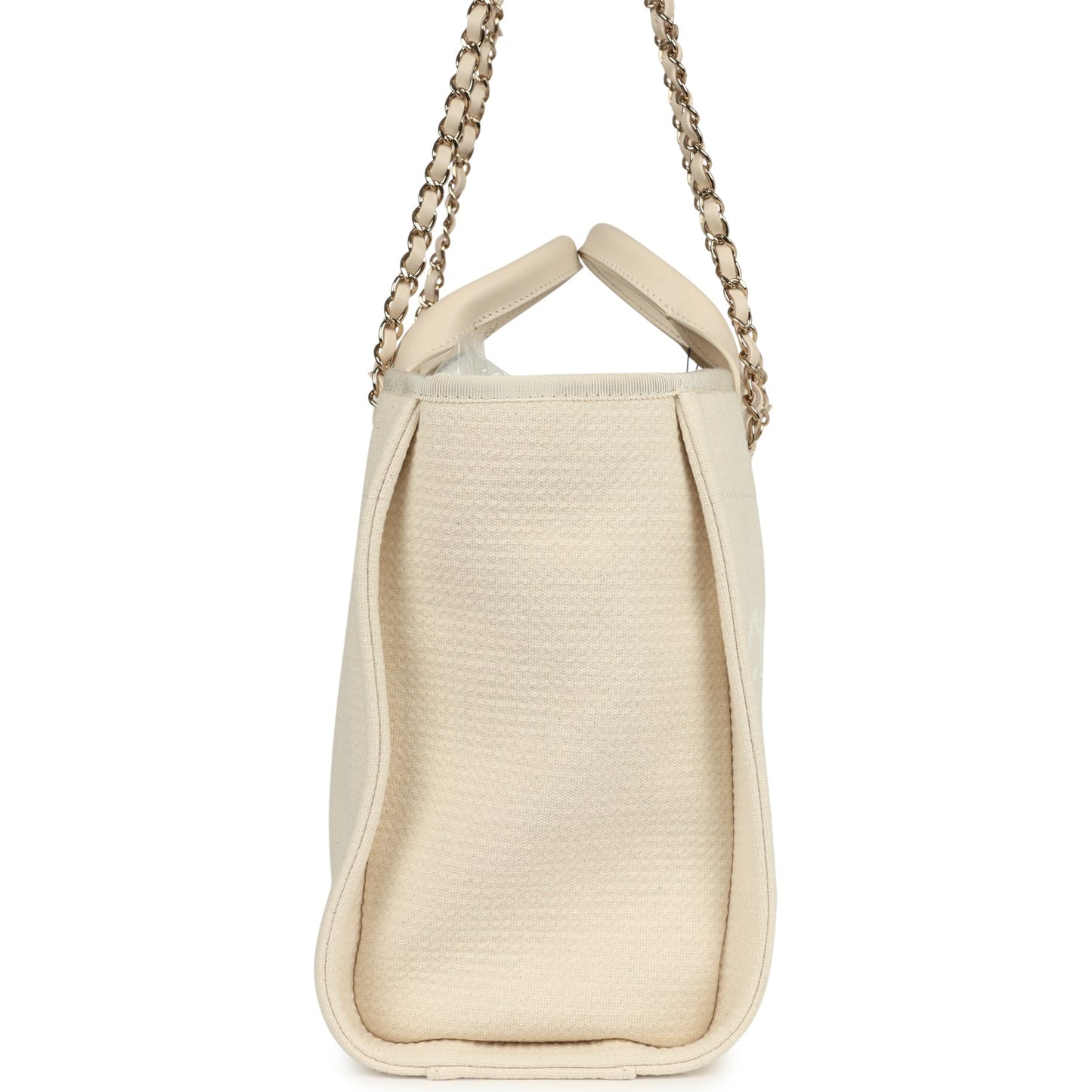 Chanel Small Deauville Shopping Tote Ivory Canvas Light Gold Hardware Book Tote