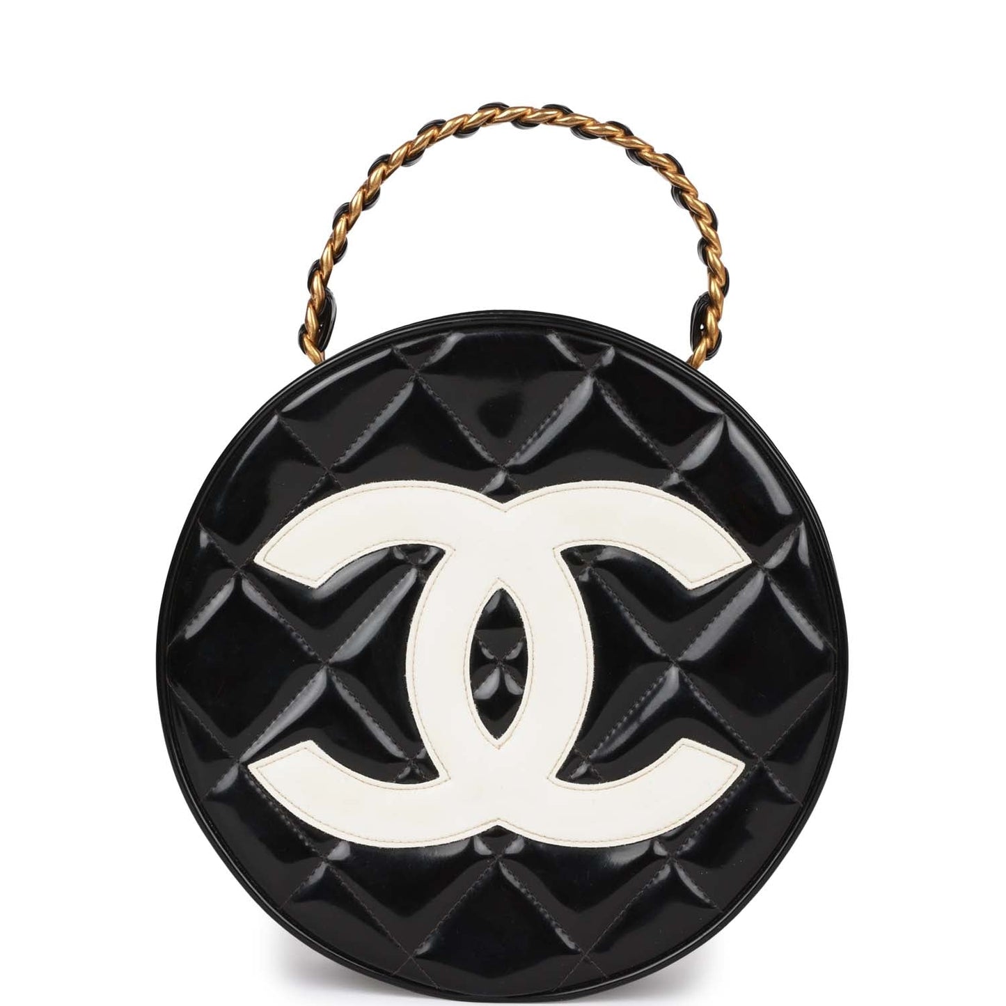 Chanel  Round Vanity Bag Black and White Patent Leather Antique Gold Hardware