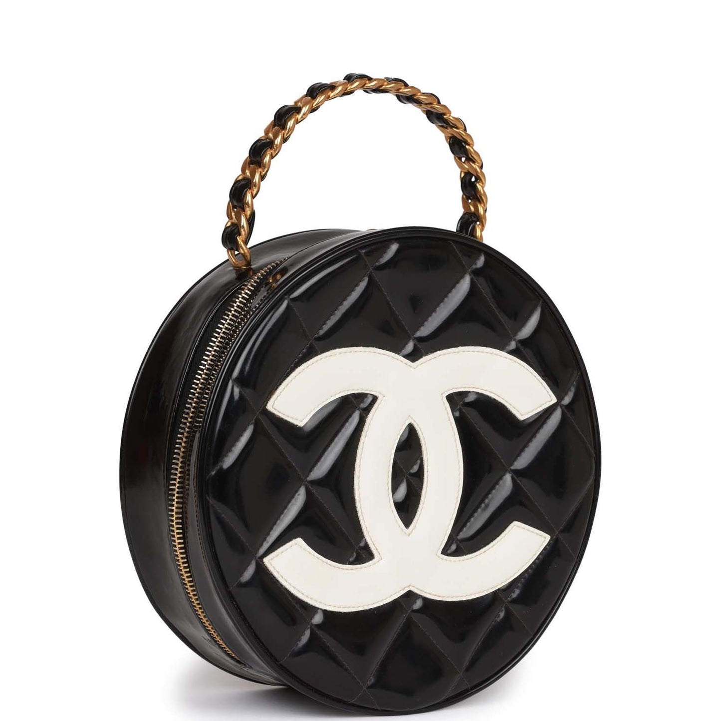 Chanel  Round Vanity Bag Black and White Patent Leather Antique Gold Hardware