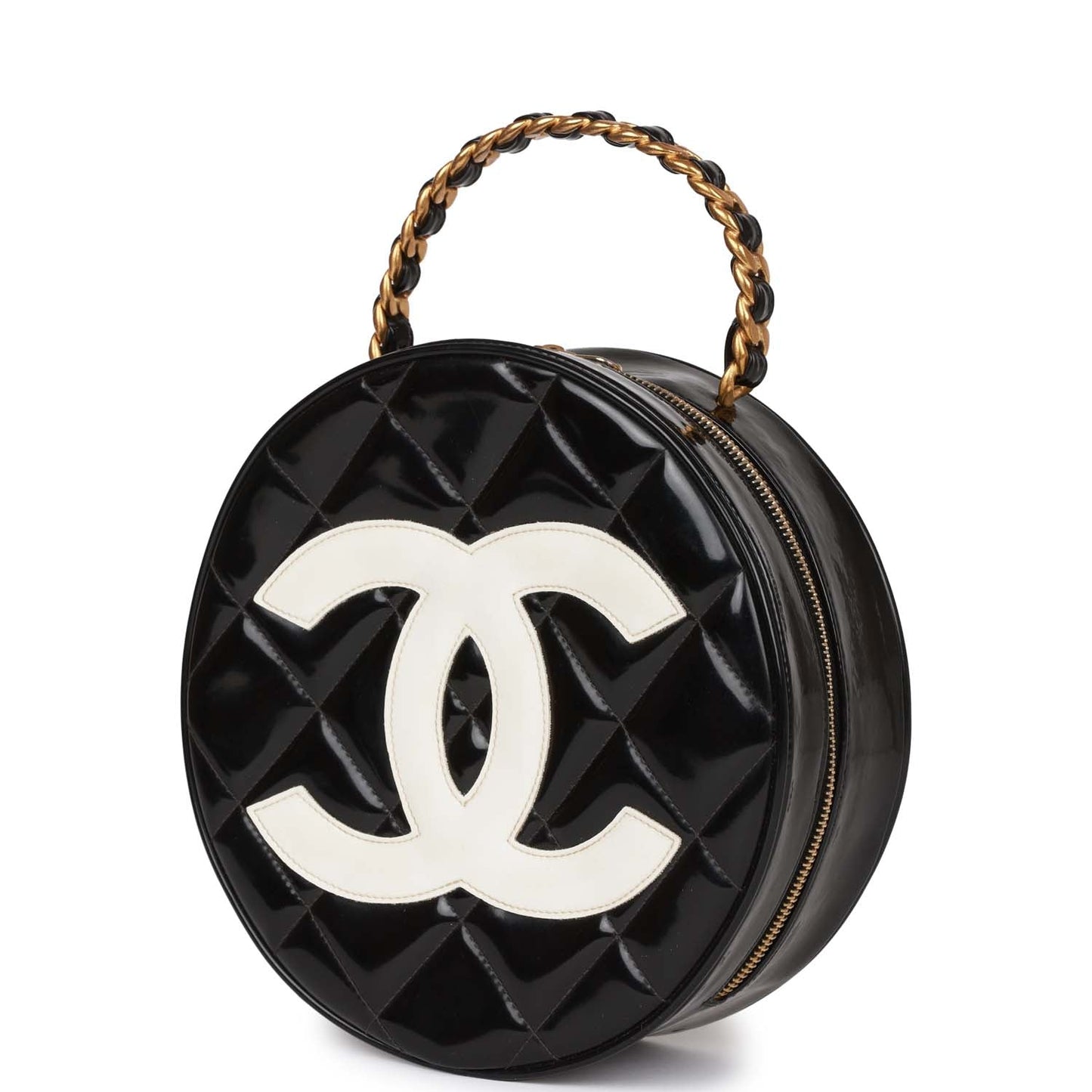 Chanel  Round Vanity Bag Black and White Patent Leather Antique Gold Hardware