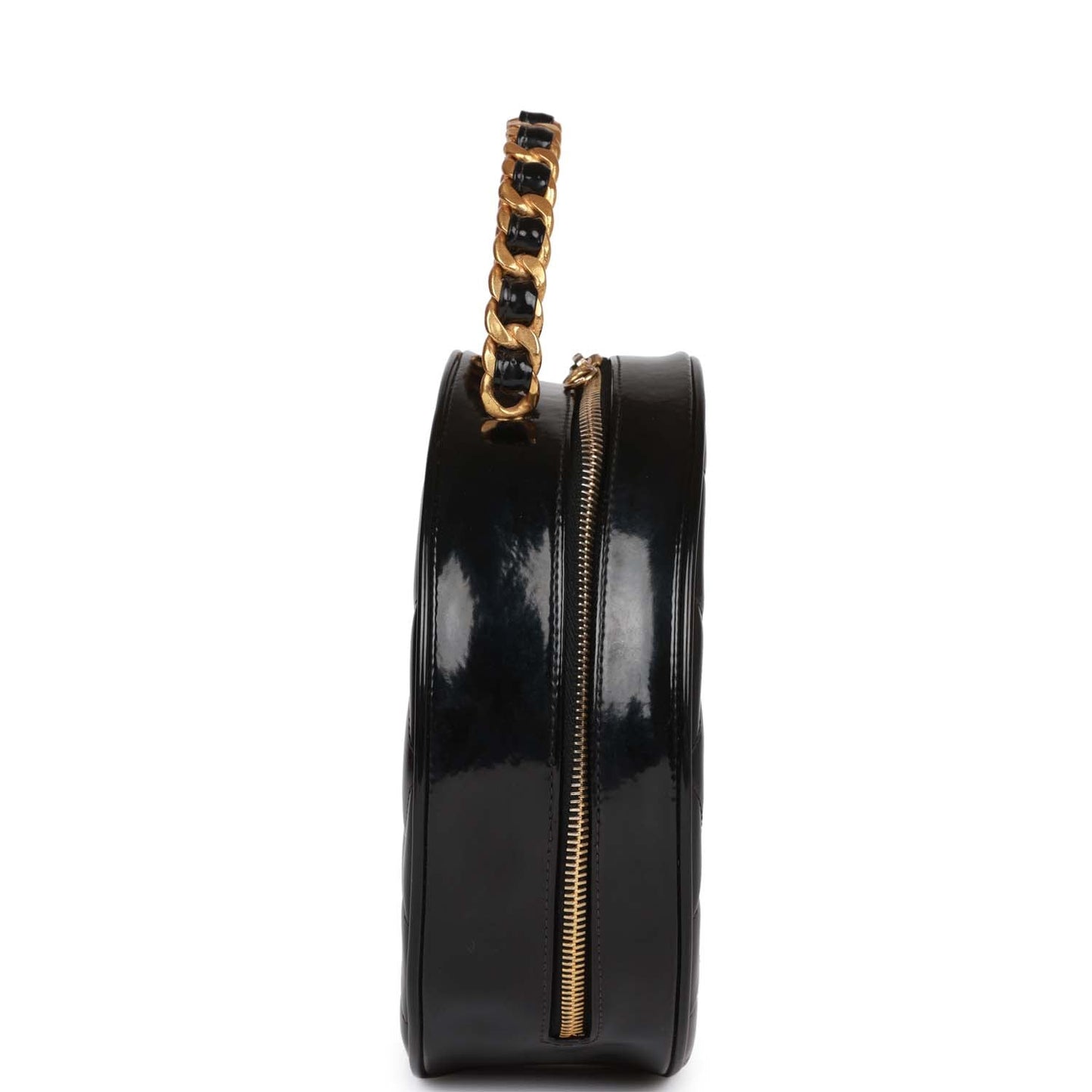 Chanel  Round Vanity Bag Black and White Patent Leather Antique Gold Hardware