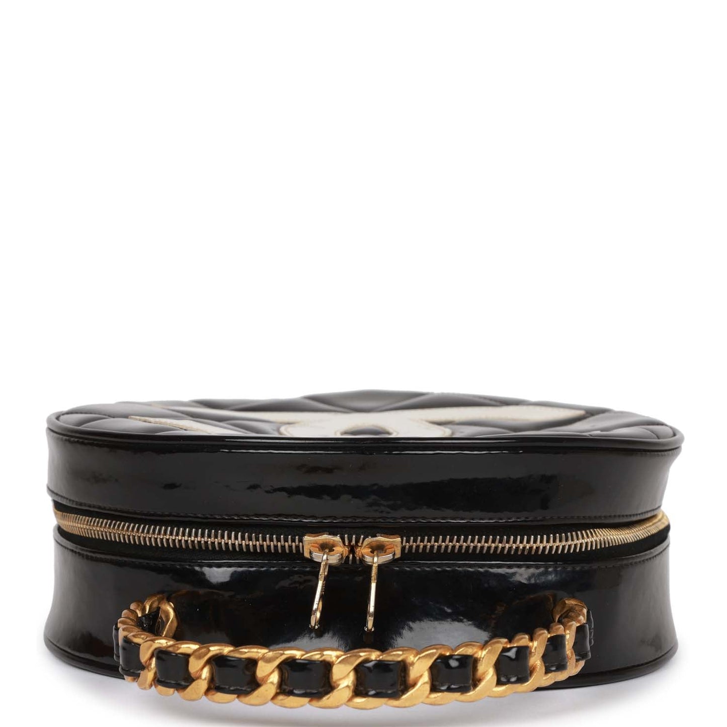 Chanel  Round Vanity Bag Black and White Patent Leather Antique Gold Hardware