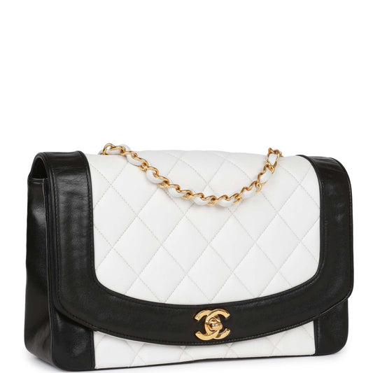 Chanel  Medium Diana Flap Bag White and Black Lambskin Gold Hardware