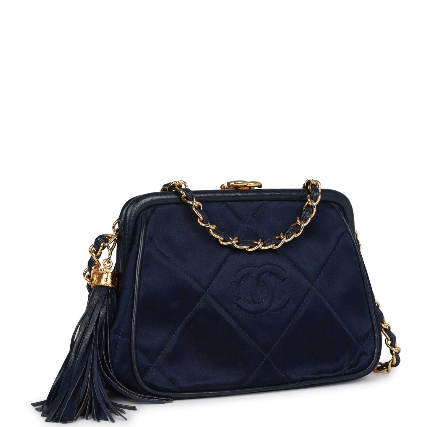 Chanel  Frame Tassel Bag Navy Satin Gold Hardware