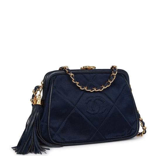 Chanel  Frame Tassel Bag Navy Satin Gold Hardware