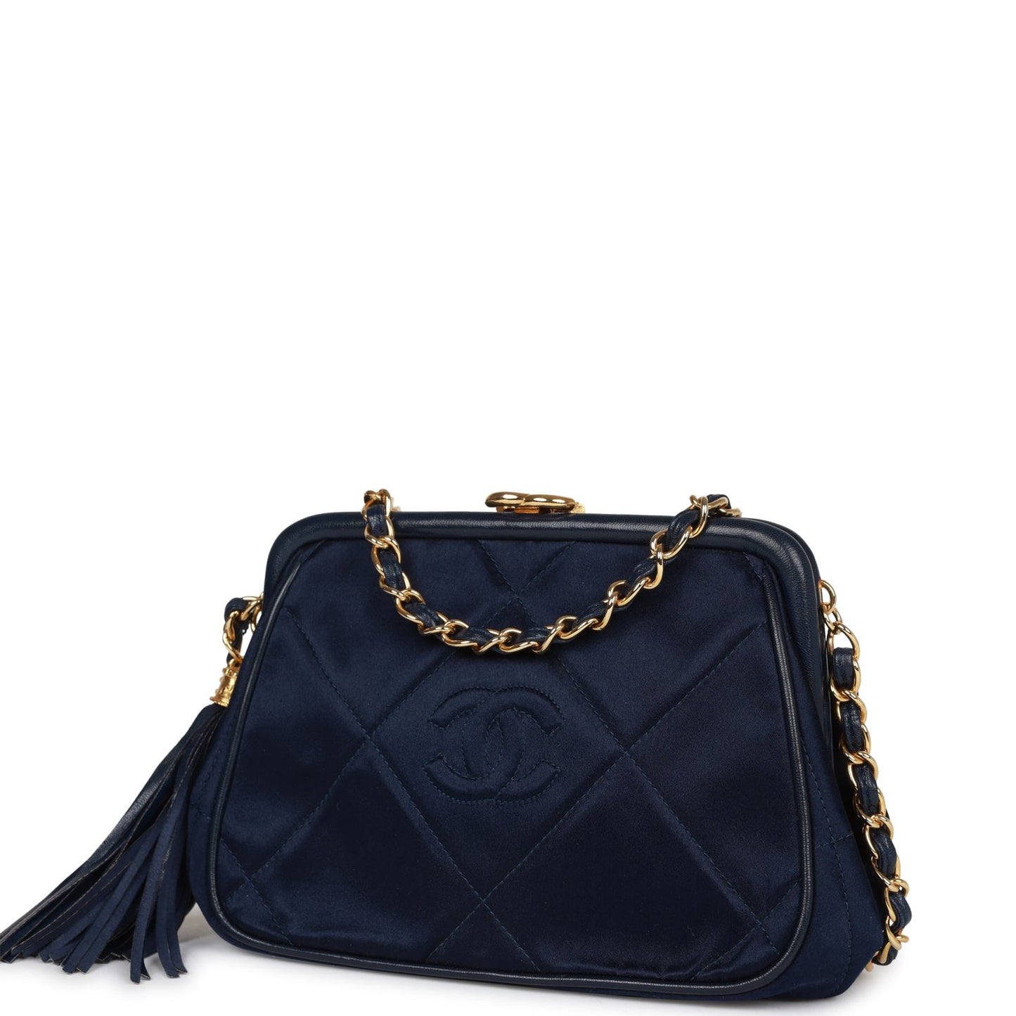 Chanel  Frame Tassel Bag Navy Satin Gold Hardware